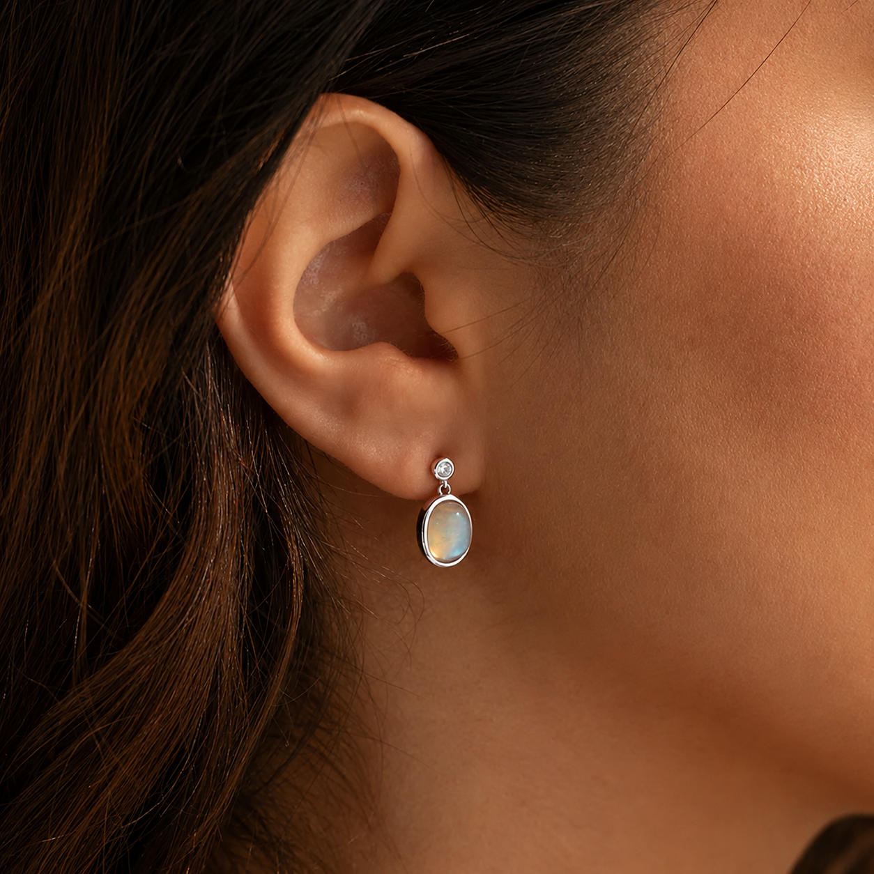 Moonstone Drop Earrings with Diamond Stud