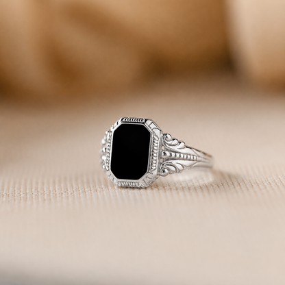 Vintage-Inspired Black Enamel Signet Ring