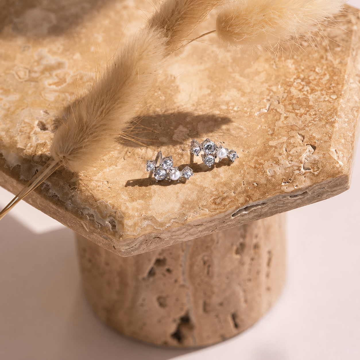 Pair of silver earrings on a textured stone surface with a dried plant.