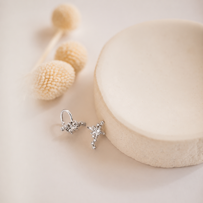 Silver earrings on a light beige surface with natural elements