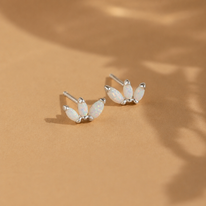 Pair of silver earrings with opal stones on a beige background