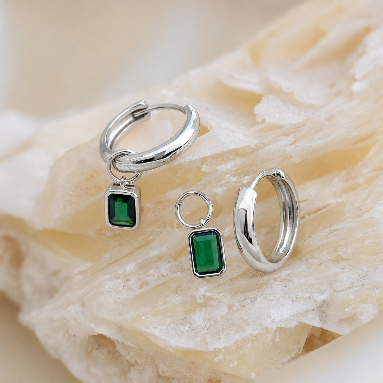 Dangling Emerald Birthstone Hoops