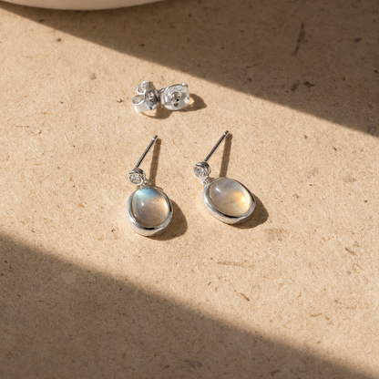 Moonstone Drop Earrings with Diamond Stud