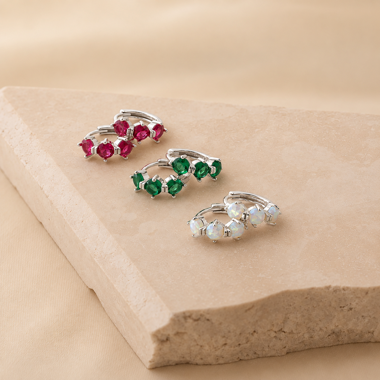 Triple Opal Birthstone Huggies