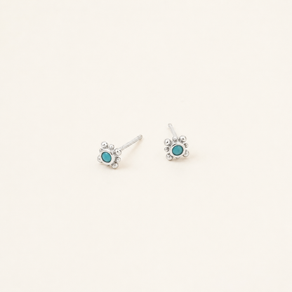 Pair of silver stud earrings with clear gemstones on a light gray background