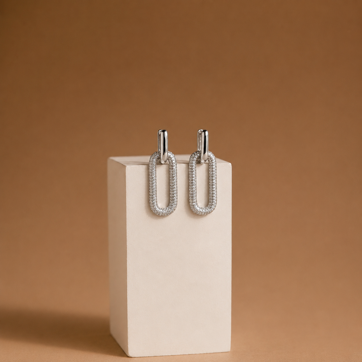 Pair of silver earrings on a beige stand against a brown background