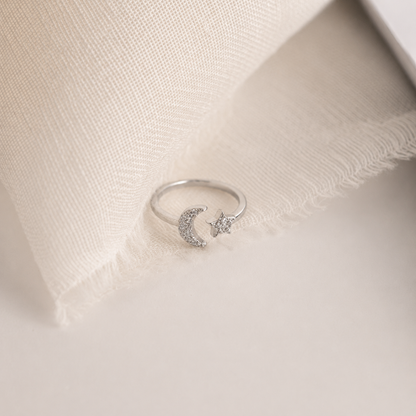 Pave Star and Moon Ring: Sterling Silver with 18K Gold Finish and Celestial Design