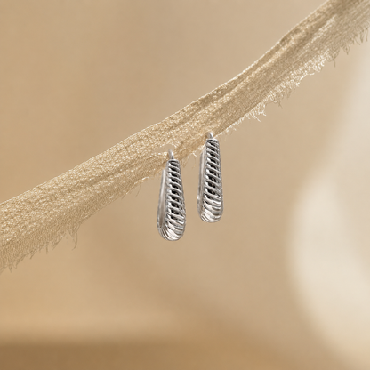 Silver earrings on a textured beige branch