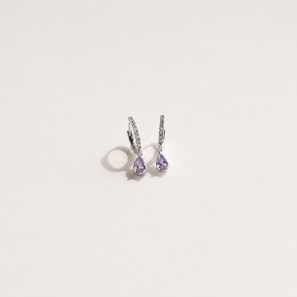 Pair of silver earrings with purple gemstones on a light gray background